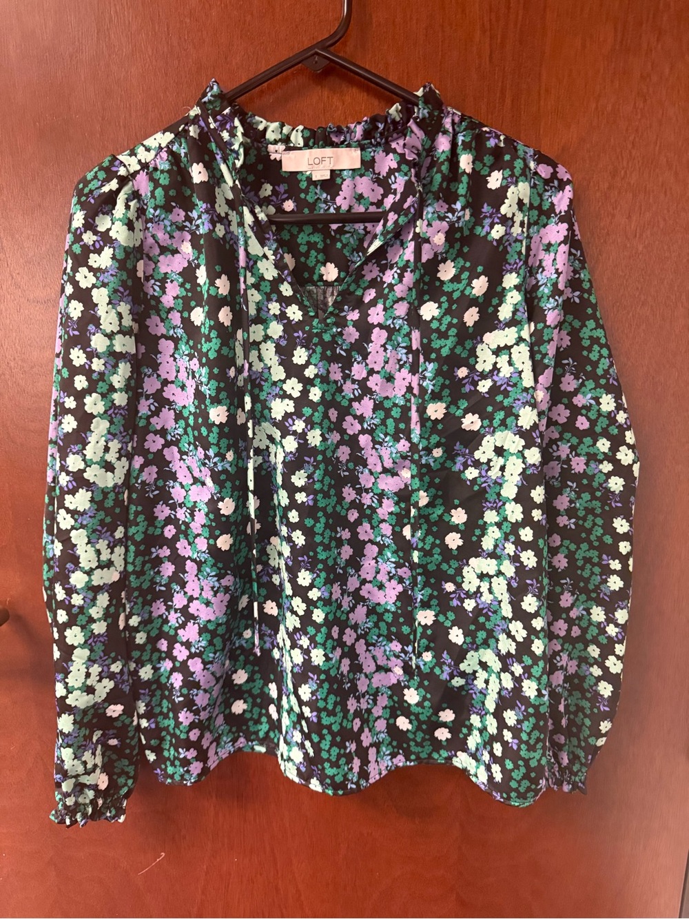 LOFT Black Floral Tie-Neck Blouse with Lavender & Mint Flowers